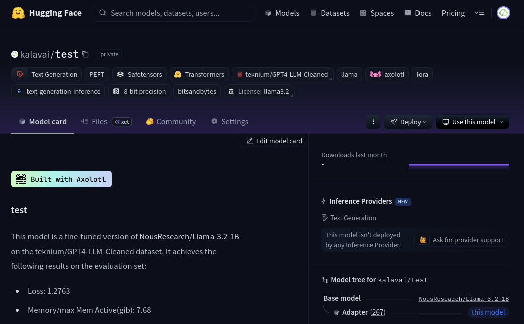 Huggingface model card for the fine tuned model